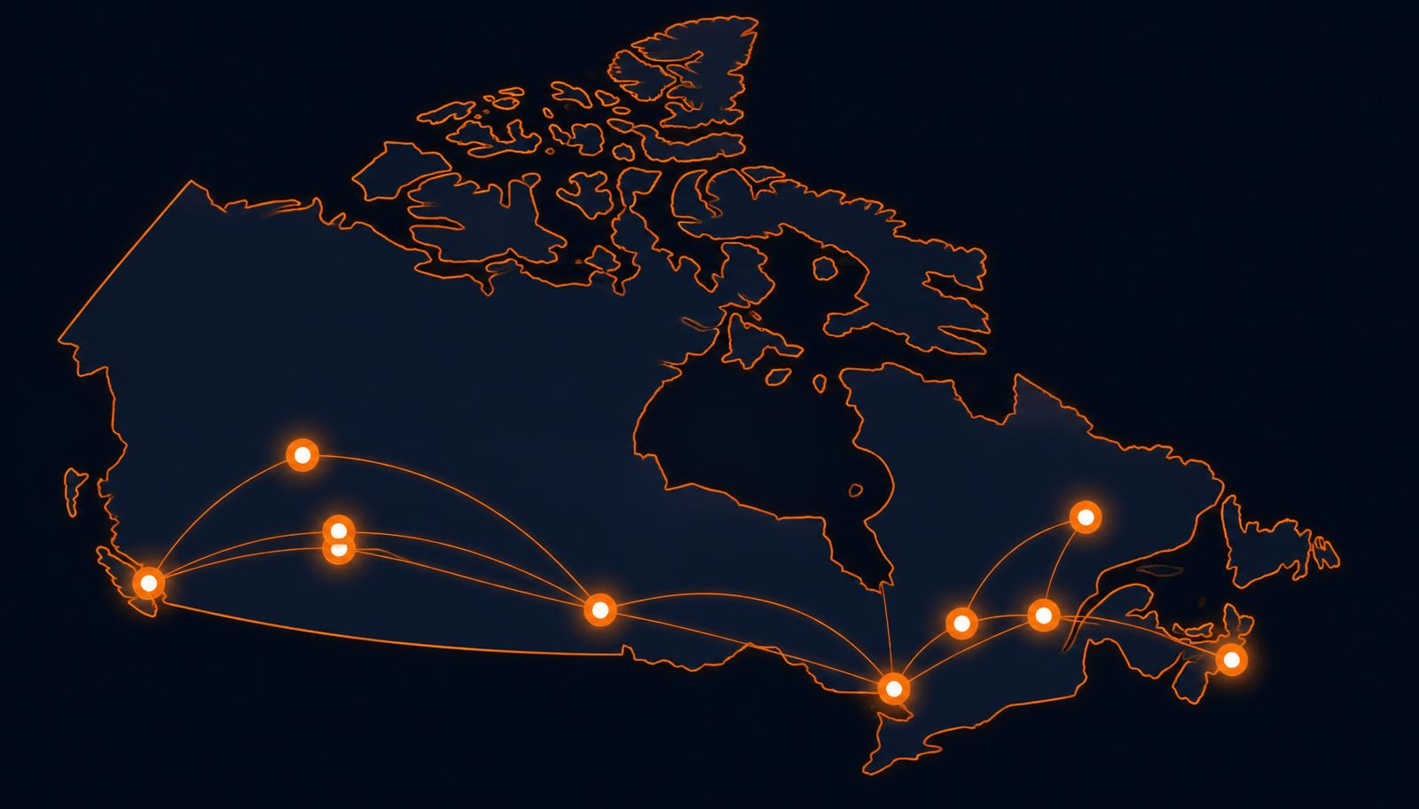 Map of Canada highlighting StackTrue coverage cities from Vancouver to Halifax