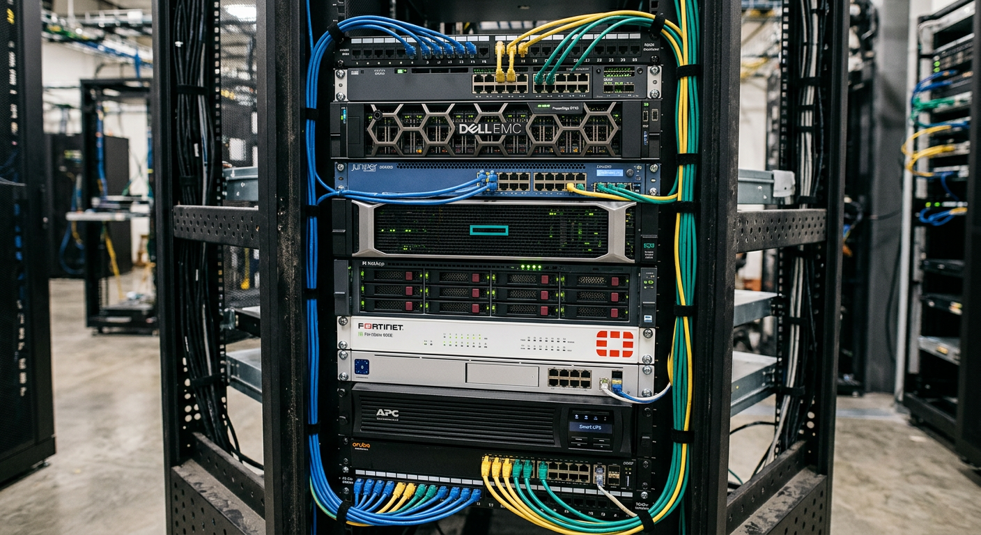 Fully populated data center rack with Dell, Juniper, HPE, Fortinet and APC equipment