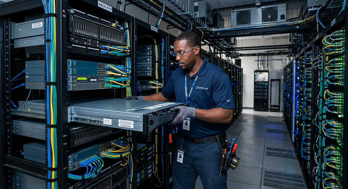 StackTrue engineer racking and stacking equipment inside a live data center